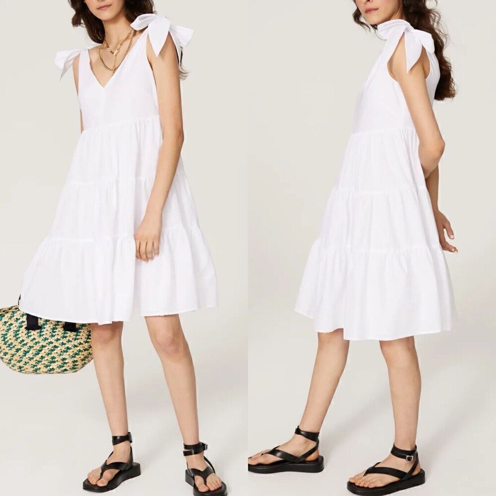 PETER SOM Tiered Dress Womens 4 White Tie Strap V-Neck Sleeveless A-Line Cotton